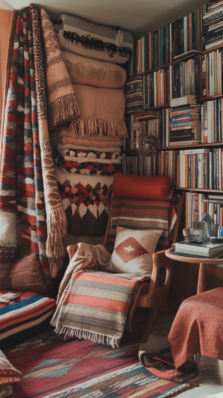 A cozy mid-century modern decor featuring layered textiles with colorful pillows, throws, and rugs.