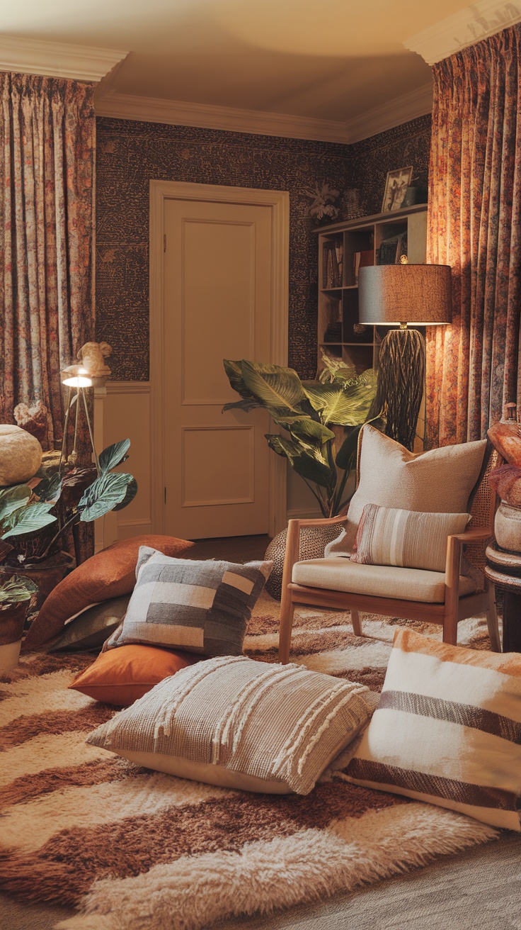 A cozy corner featuring layered textures with various pillows, throws, and a decorative vase.