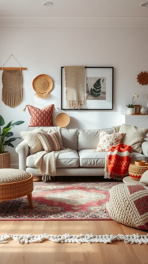 A cozy living room with a light sofa, layered textures in pillows and throws, woven decor on the walls, and a vibrant area rug.