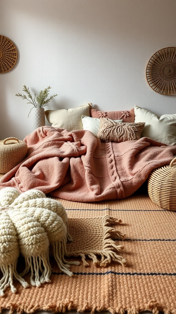 Cozy space with layered textures including pillows, blankets, and woven baskets.