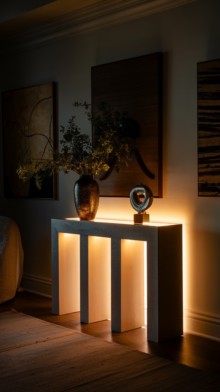 A modern console table with warm lighting underneath, surrounded by books and a vase.