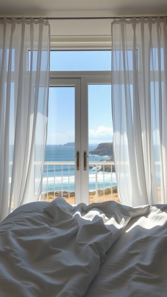 A bedroom with white bedding and sheer curtains overlooking a coastal view