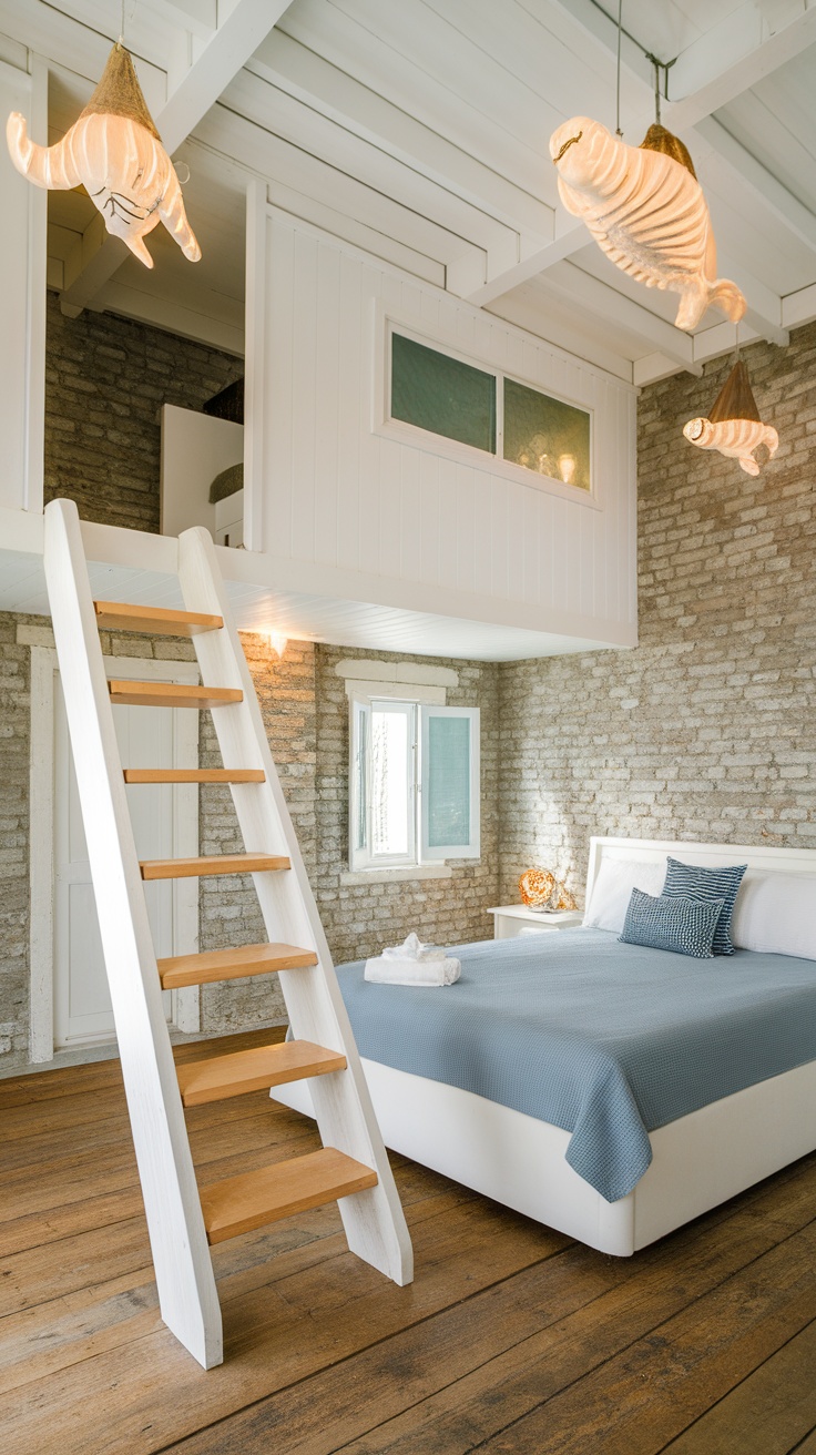 A modern bedroom featuring a unique orange chandelier resembling sea creatures.