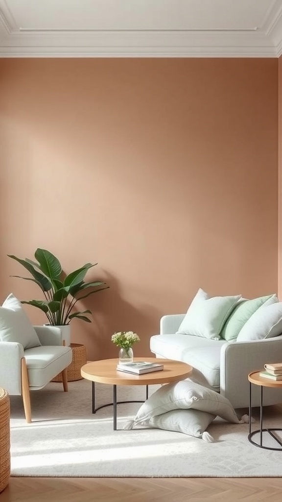 A cozy living space featuring light mocha walls and soft mint accents in cushions and decor.