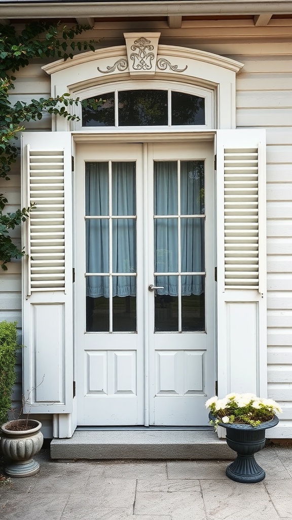 A beautiful entrance featuring white louvered shutters beside double doors, surrounded by green foliage and planters.