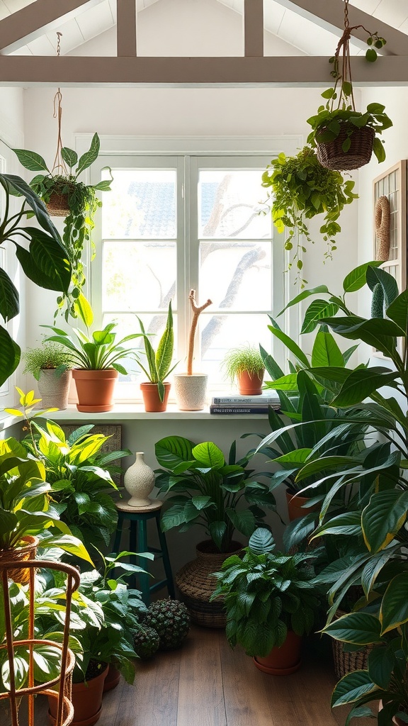 A cozy indoor space filled with various potted plants near a window, showcasing a peaceful and vibrant atmosphere.