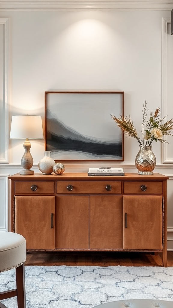 Luxurious upholstered console table with decorative items and soft lighting