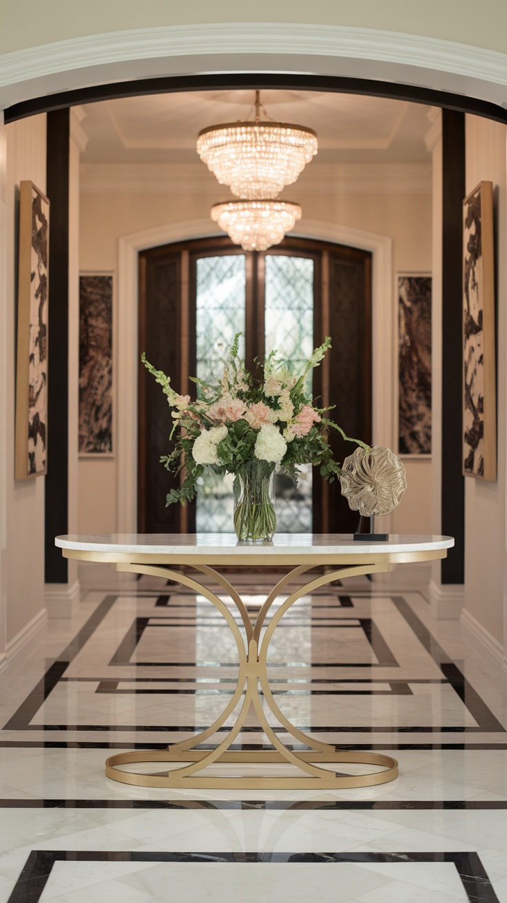 A stylish console table with a white marble top and gold legs, accompanied by a decorative vase and flowers.