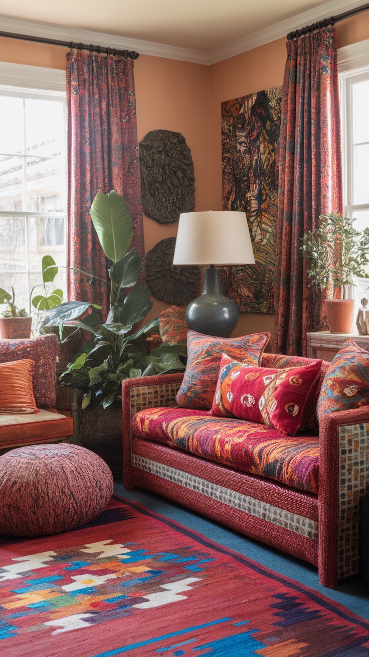 A vibrant room showcasing maximalist decor with bold patterns and colorful furniture.