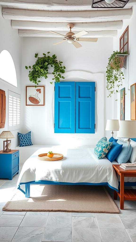 A bright Mediterranean-style bedroom featuring blue accents, white walls, and plants.