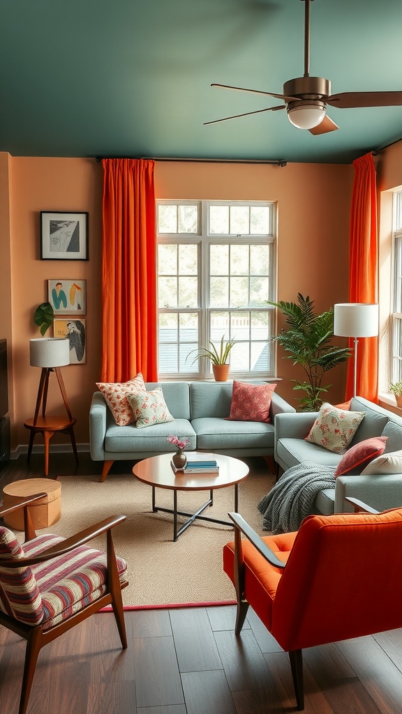 A mid-century modern living room with a teal ceiling, peach walls, and vibrant furniture including an orange chair and striped accent chair.