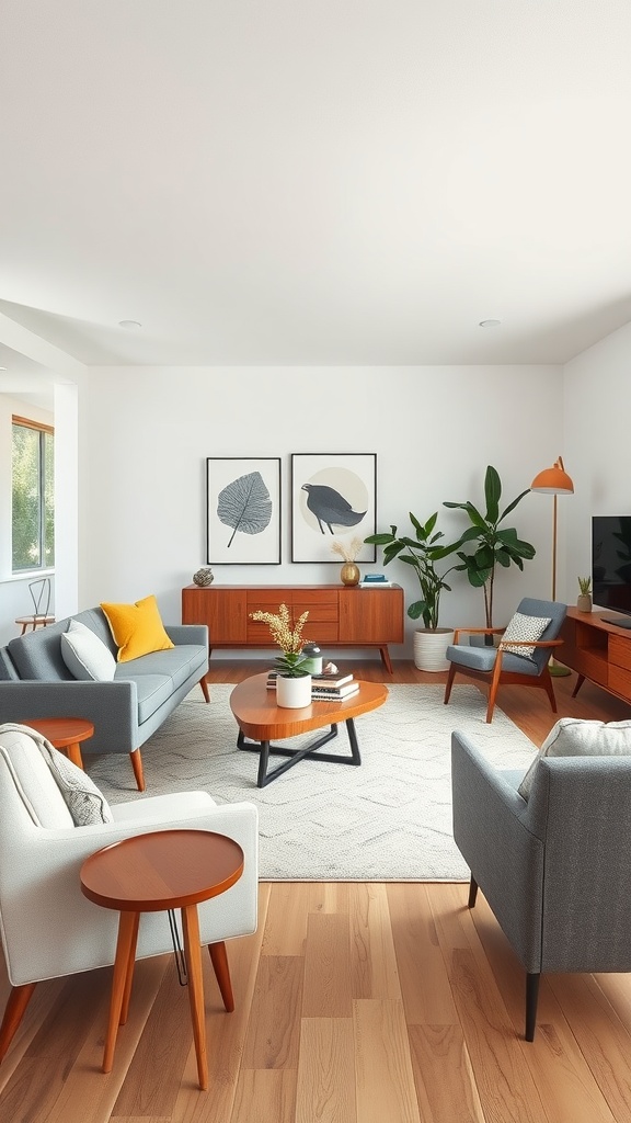A mid-century modern living room featuring gray sofas, wooden furniture, and plants.
