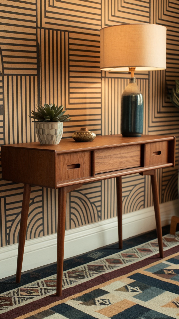 Mid-century modern console table with decor, including a lamp and a vase, against a simple wall with bold letters.