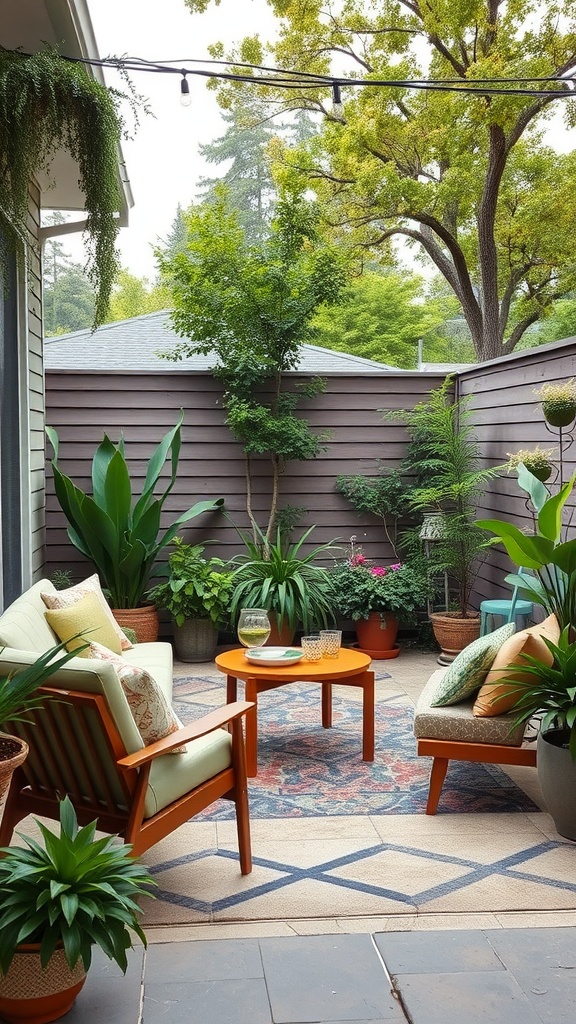 Cozy outdoor space with mid-century modern furniture surrounded by plants