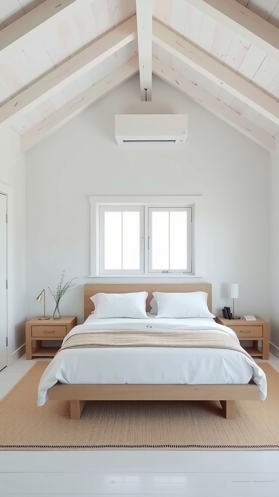 A minimalist coastal bedroom with a wooden bed, white linens, and natural decor.