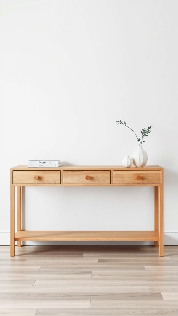 A minimalist Scandinavian console table featuring three drawers and decorative vases on top.