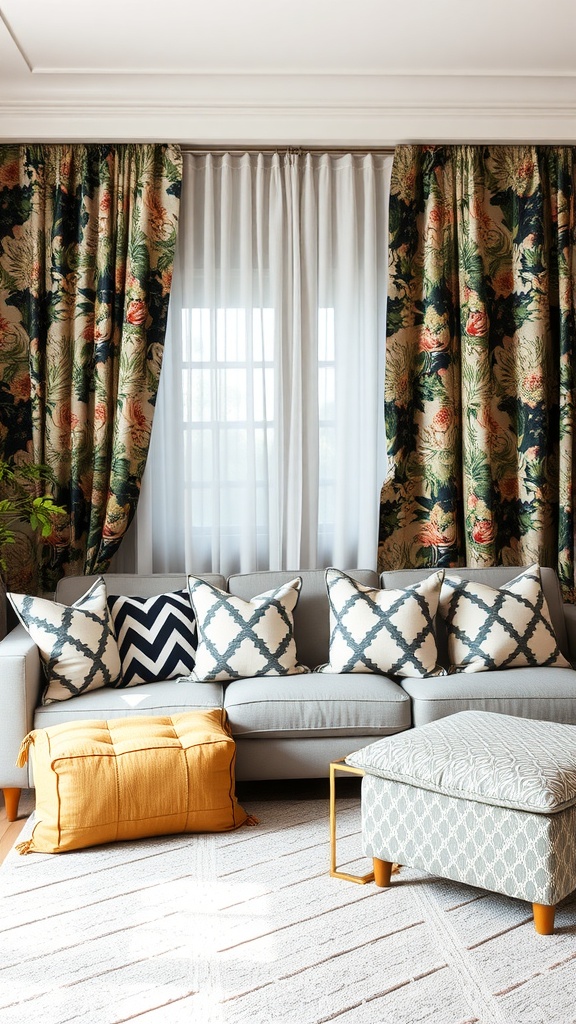 Eclectic living room with mixed patterns in curtains, cushions, and pouf.