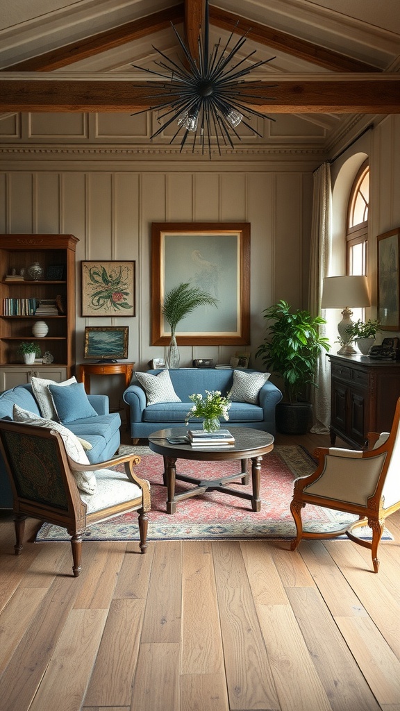 Eclectic living room featuring a mix of vintage furniture and modern decor.
