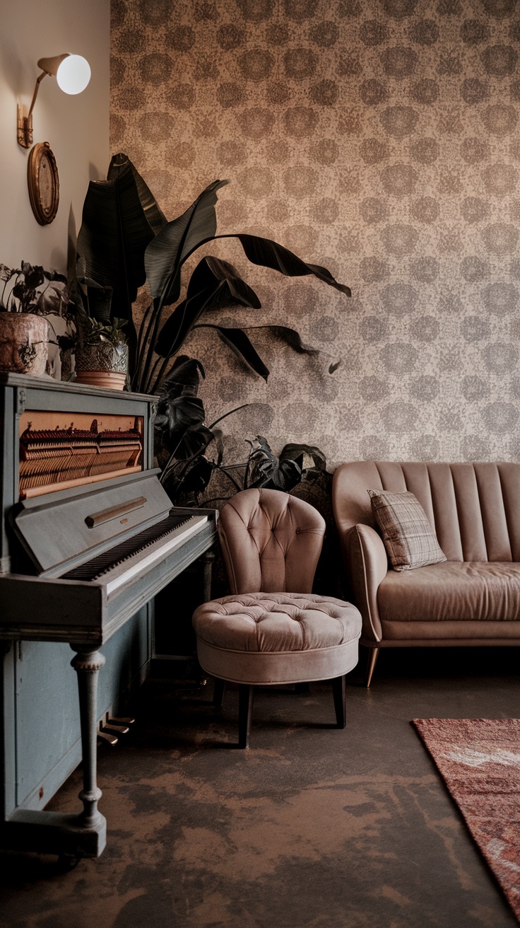 A cozy living room featuring a mix of vintage and modern decor, including a gallery wall, plush sofa, and elegant wooden furniture.