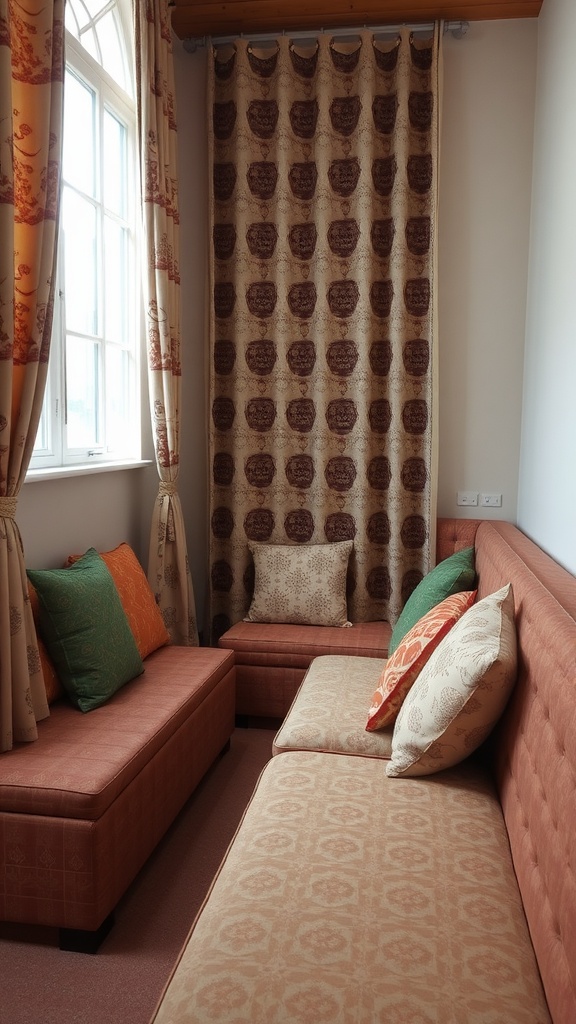 A cozy seating area showing mixed patterns in fabrics with colorful cushions and patterned curtains.