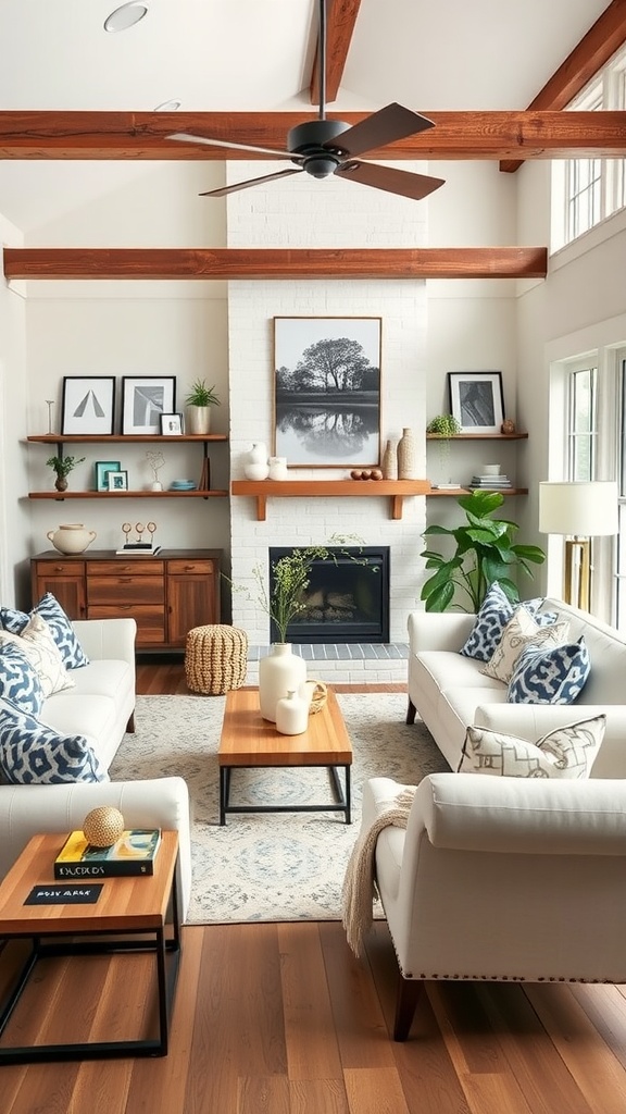 A bright and airy farmhouse living room with wooden beams, white walls, and modern furniture.