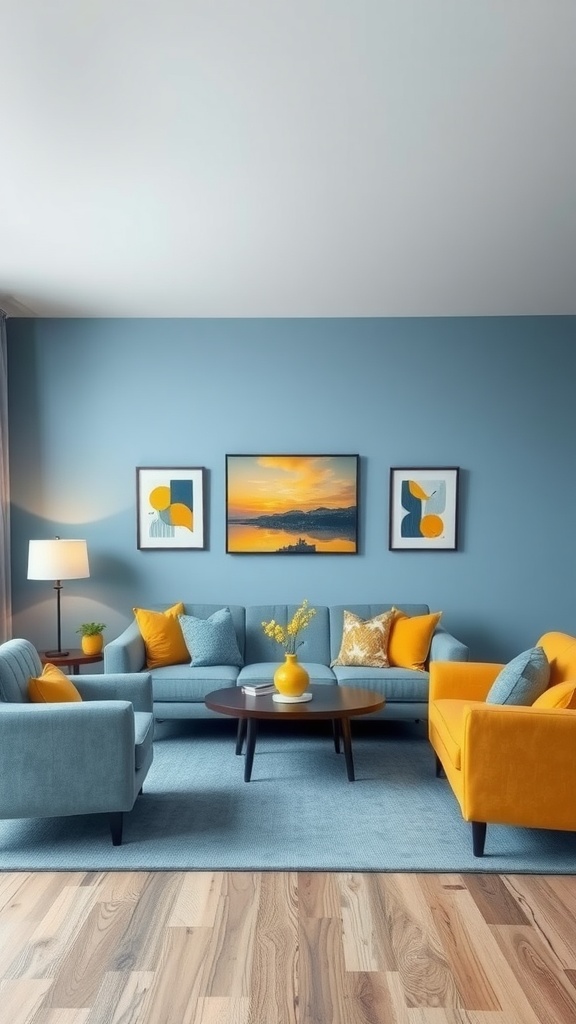 An eclectic living room with blue walls, yellow and orange furniture, and cheerful artwork.
