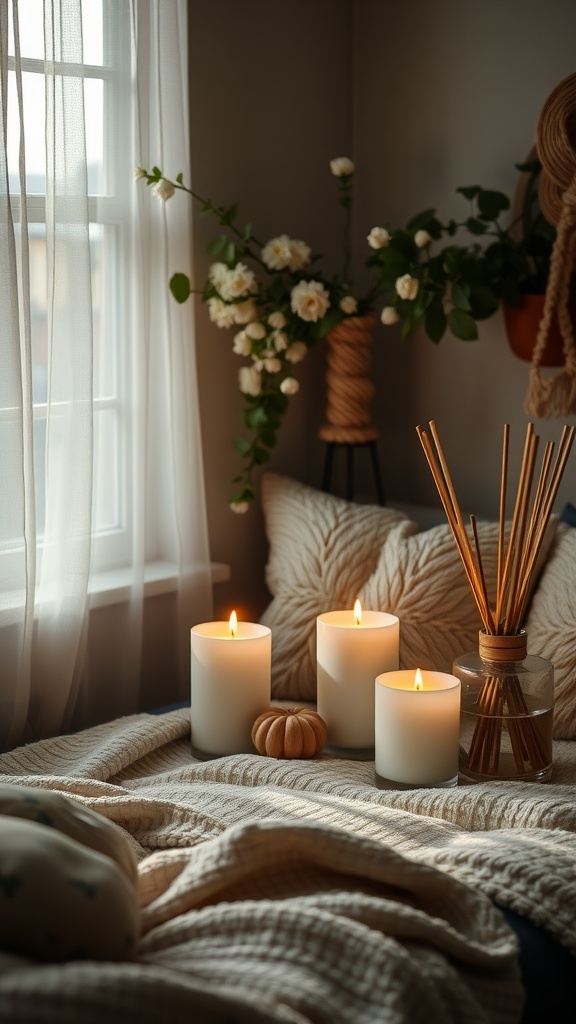 A cozy corner with three lit candles, a small pumpkin, and a flower arrangement, creating a warm atmosphere.