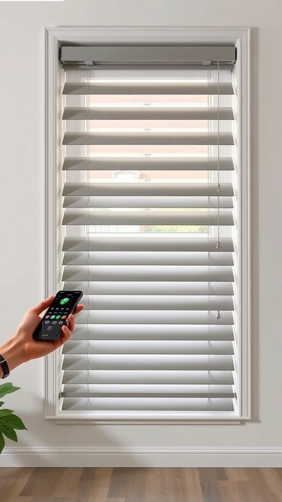 A hand holding a remote control in front of motorized shutters.