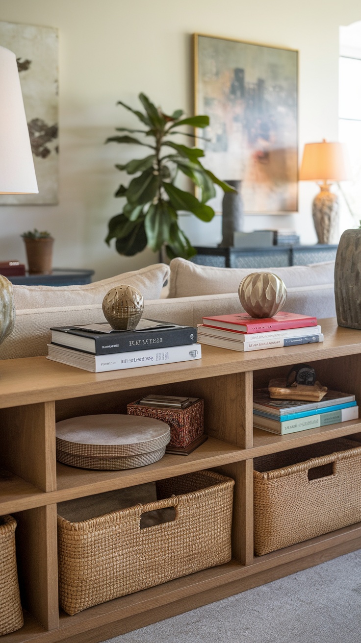 A stylish wooden console table with various decorative items and storage options