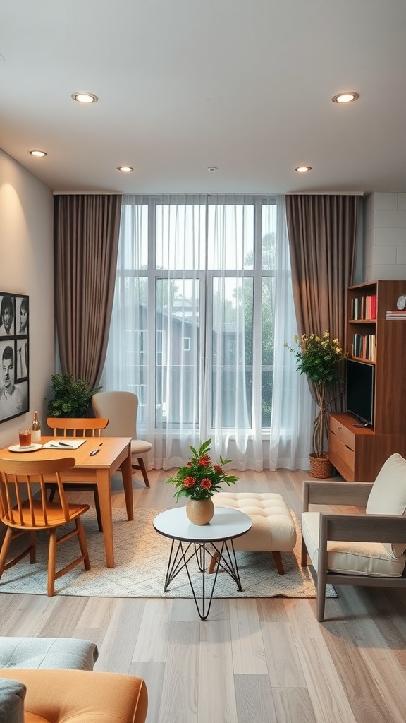 A cozy and multifunctional living room with a dining area, bright curtains, and a small coffee table.