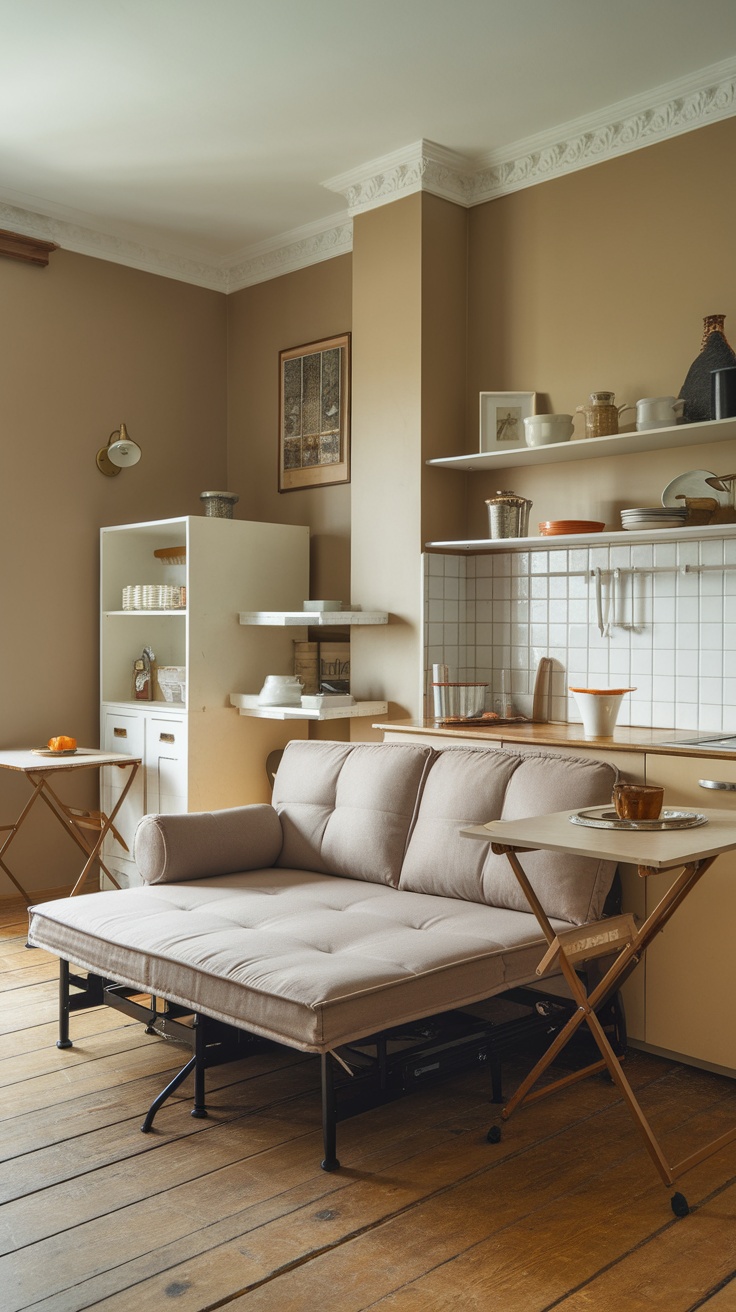 Cozy living area featuring multipurpose furniture, including a sectional sofa, work desk, and decorative wall art.