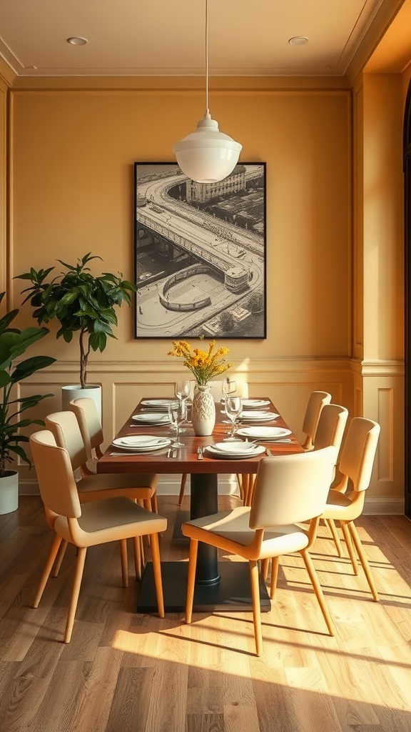 A dining area with muted mustard walls, cream chairs, and a wooden table, featuring a plant and an elegant light fixture.