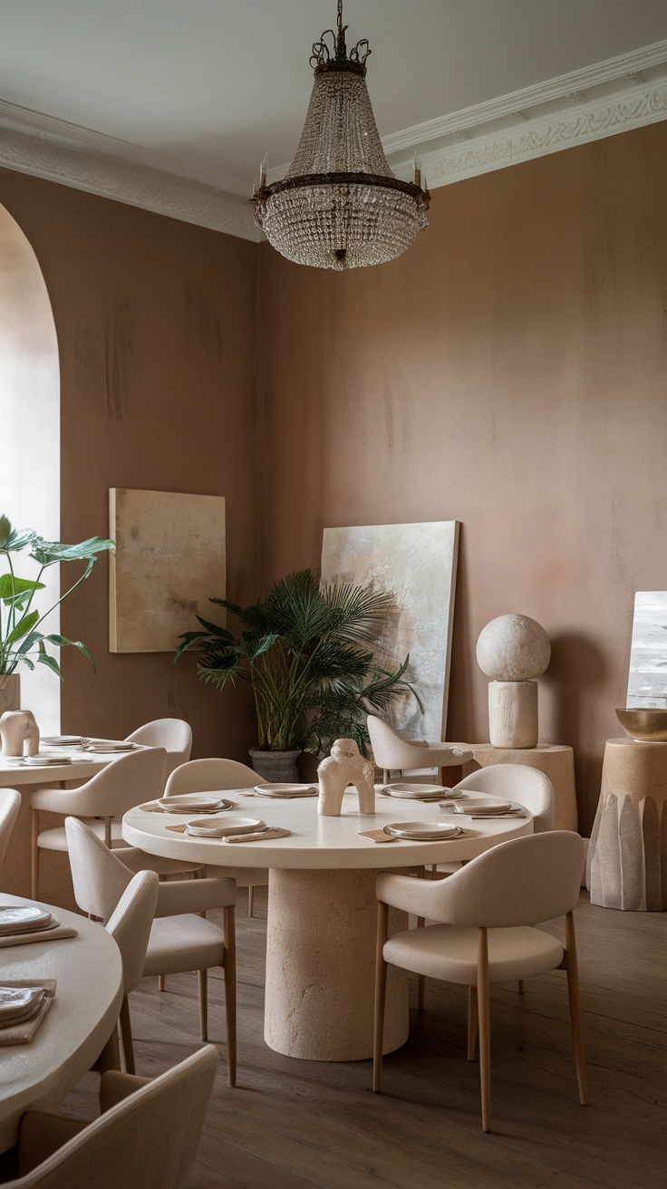 A cozy dining room featuring a long table set with elegant tableware, warm sandy walls, a chandelier, and decorative elements.