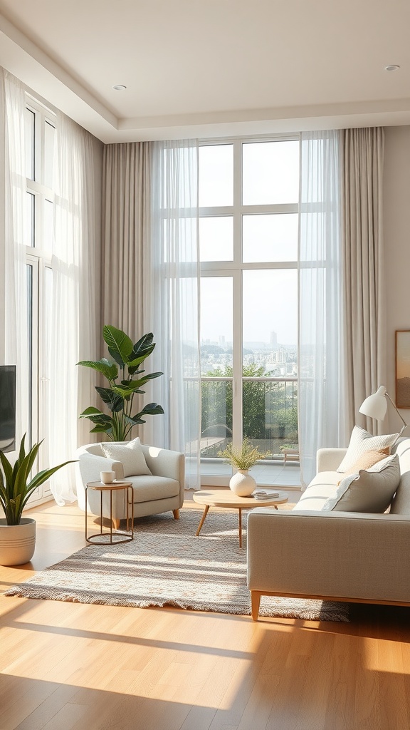 Cozy living room with large windows letting in natural light, featuring light furniture and plants.