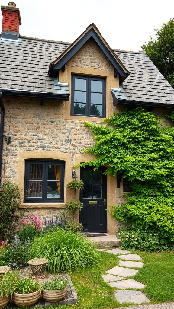 A charming cottage with natural stone exteriors, surrounded by greenery and flowers.