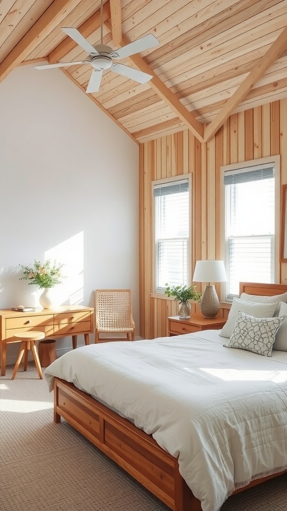 Coastal bedroom interior featuring natural wood accents, wooden ceiling beams, and light wood furniture.
