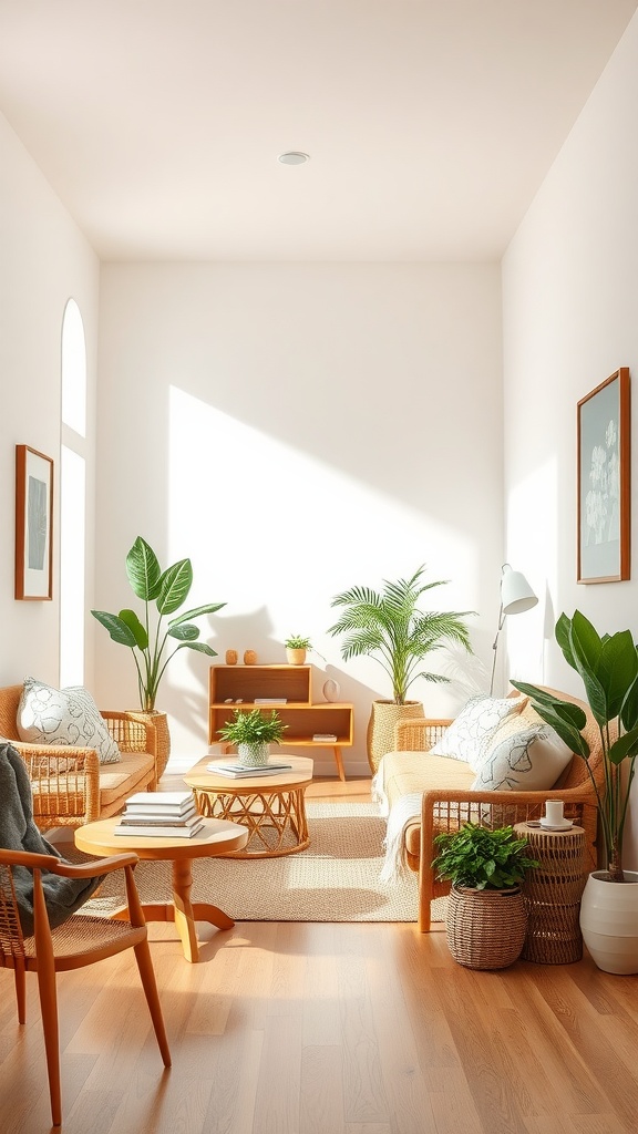 A light-filled living room featuring natural wood accents with rattan furniture and indoor plants.
