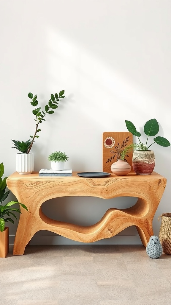 A nature-inspired console table made of wood with a unique design, surrounded by various plants and decorative items.