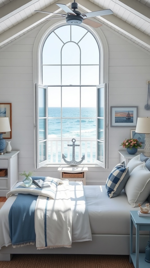 Coastal bedroom featuring a blue and white color palette with a stunning ocean view.