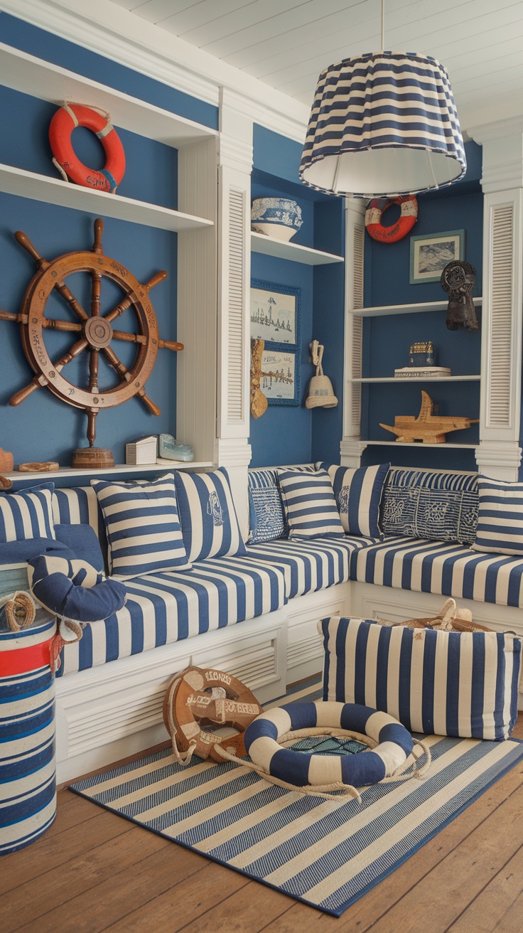 A cozy nautical-themed interior with blue walls, vintage clocks, and comfortable seating.