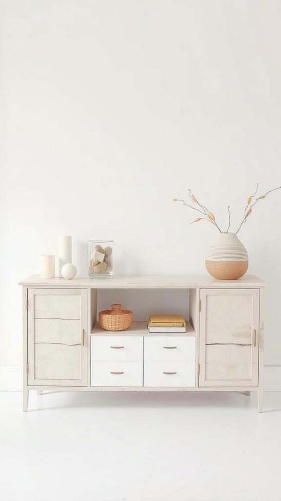 A stylish console table in neutral tones with textured doors and decorative items on top.