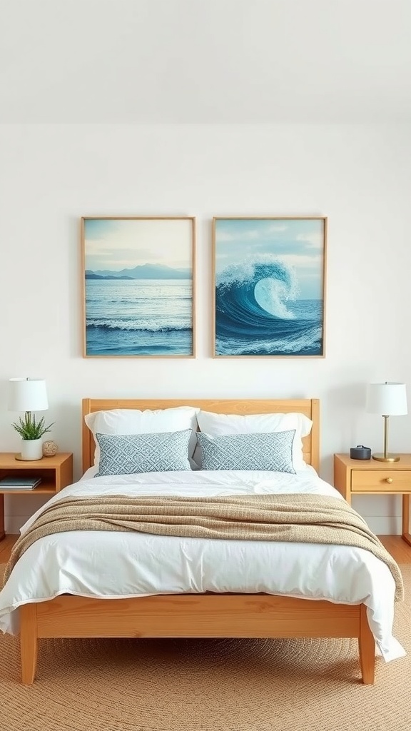 Coastal bedroom featuring ocean-inspired artwork with waves