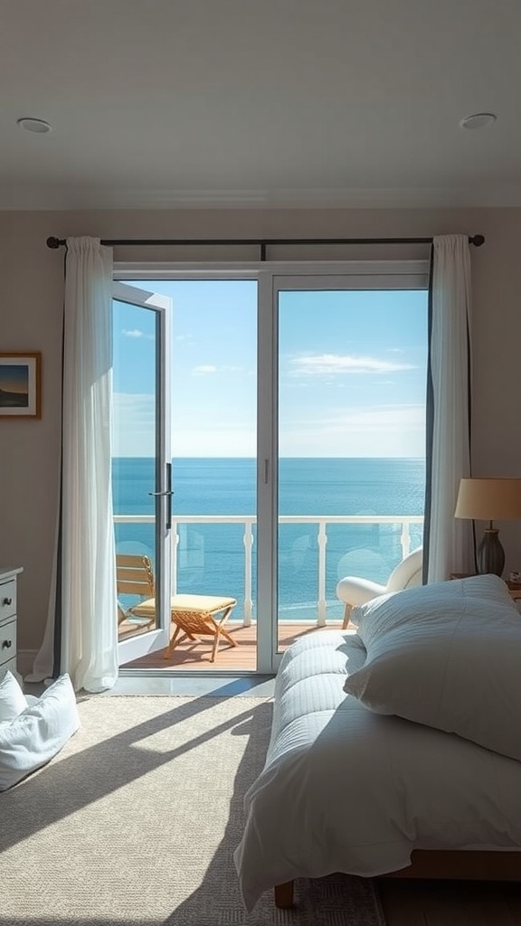 View from a coastal bedroom showing a balcony with ocean view and soft curtains