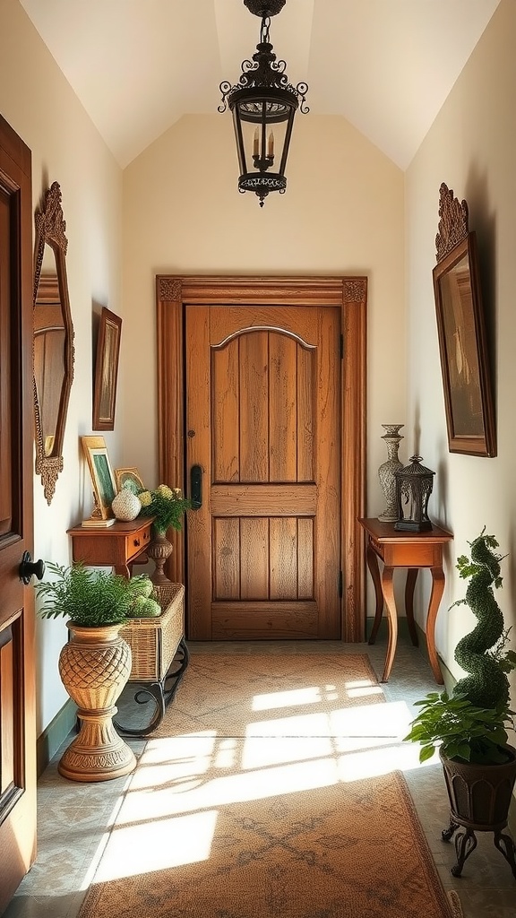 A charming entryway with a wooden door, decorative mirrors, and greenery.
