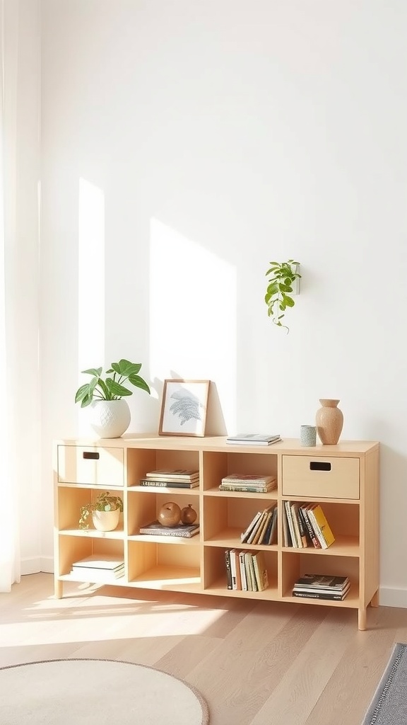 A console table with open shelving displaying books, plants, and decorative items.