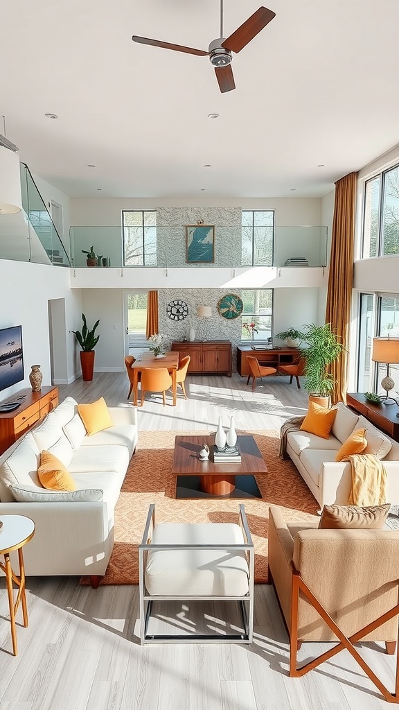 A bright and airy living room with an open space layout, featuring comfortable furniture, large windows, and warm color accents.