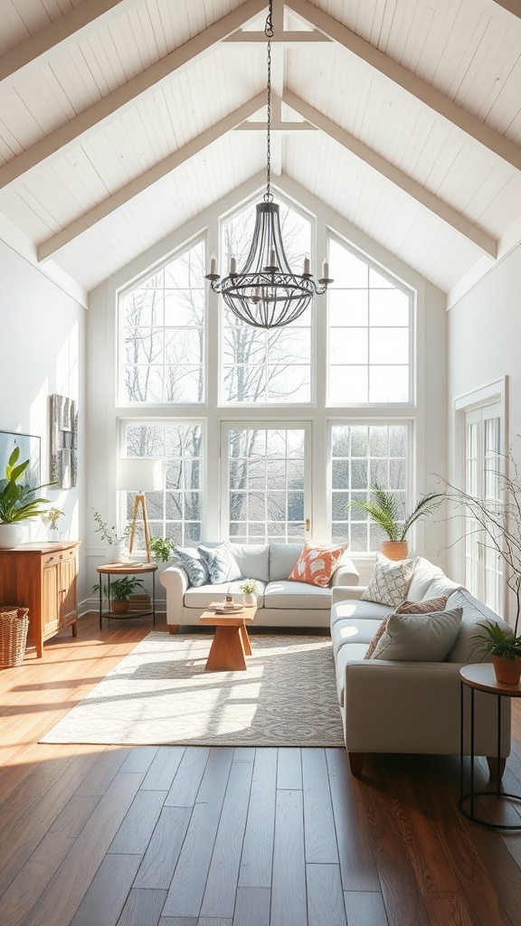 A bright and airy farmhouse living room with tall windows, wooden ceiling, and cozy furnishings.