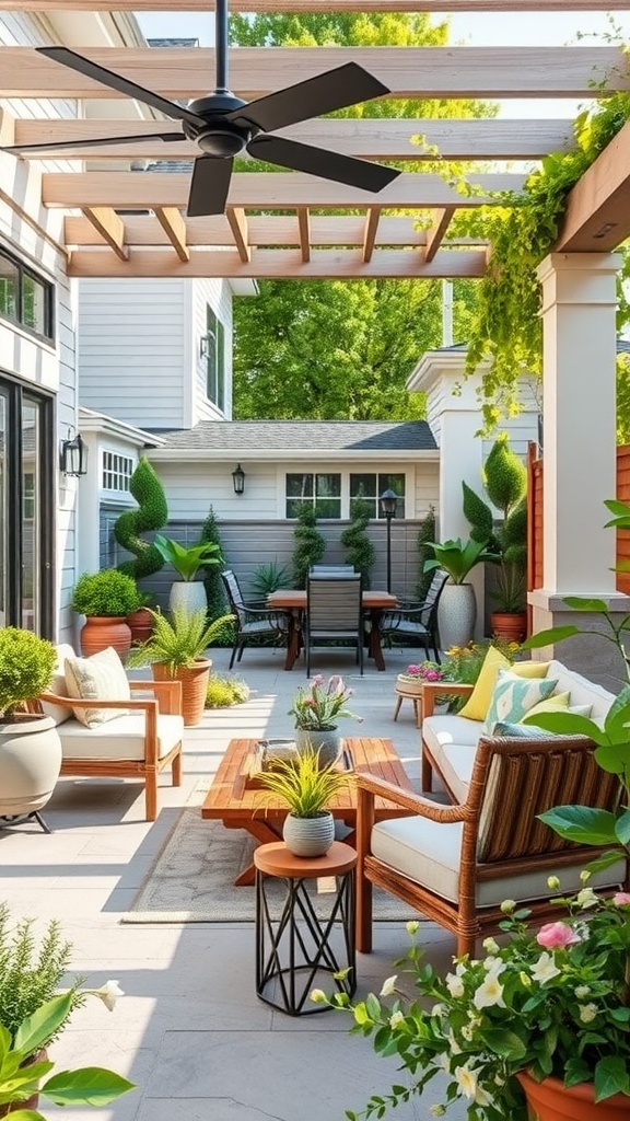 Cozy outdoor living space with wooden furniture, colorful cushions, potted plants, and a dining area.