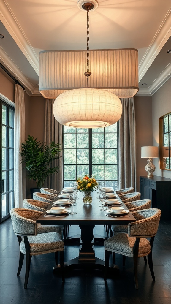 A spacious dining room featuring a large, stylish chandelier with layered designs, surrounded by a long dining table set for a meal.