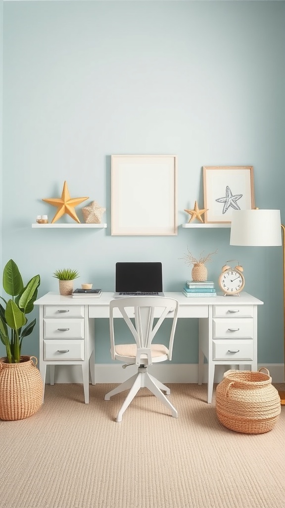 A home office featuring pale blue walls, a white desk with a laptop, and sandy beige accents.